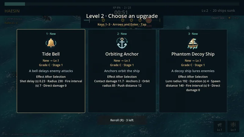 Actual level-up screen with three upgrade choices in the HAESIN playtest