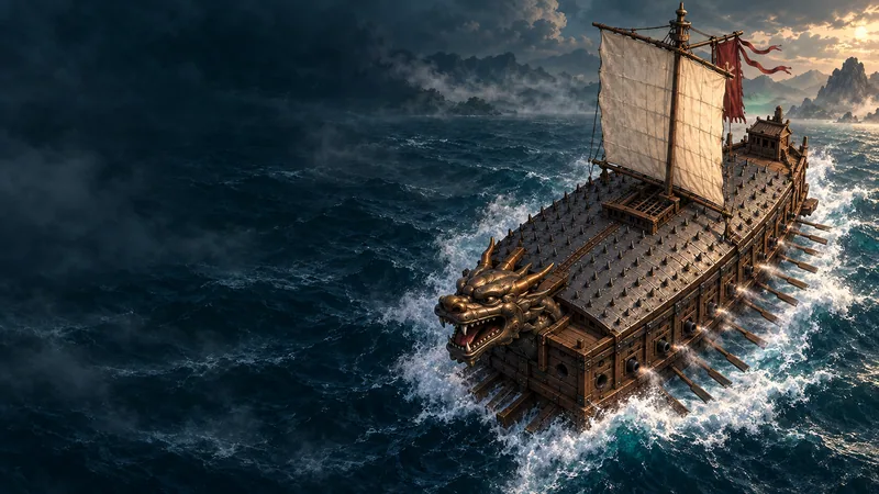 Promotional artwork of a turtle ship sailing through a stormy sea